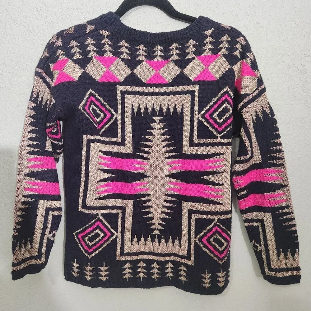 Forever 21 Sweater Womens Geometric Aztec Print Navy Pink Beige S/M Cottagecore